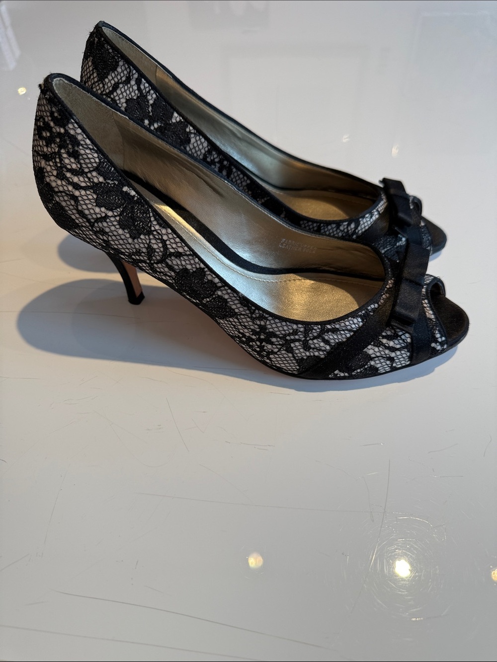 Ann Taylor Monique Black Lace Peep-Toe Heels with Bow Accent 3 inch heel size 8 - Picture 7 of 14